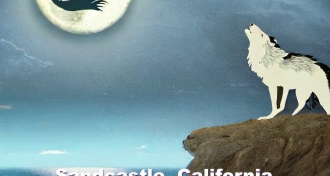 A werewolf howling at the mooon on a cliff looking over the ocean in sandcastle, california